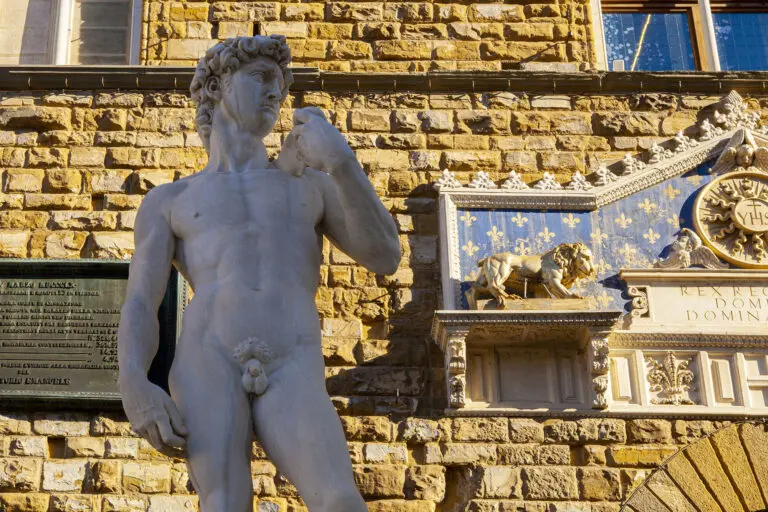 The marble sculpture of David was originally in front of the Signoria Palace in Florence as a symbol of freedom, readiness and independence