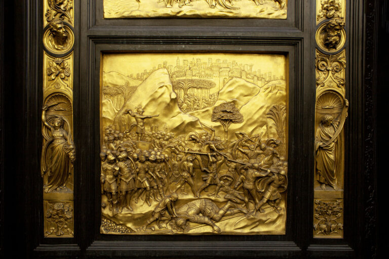 Florentine artist Ghiberti's tile representing David and Goliath on the baptistery Paradise Gate